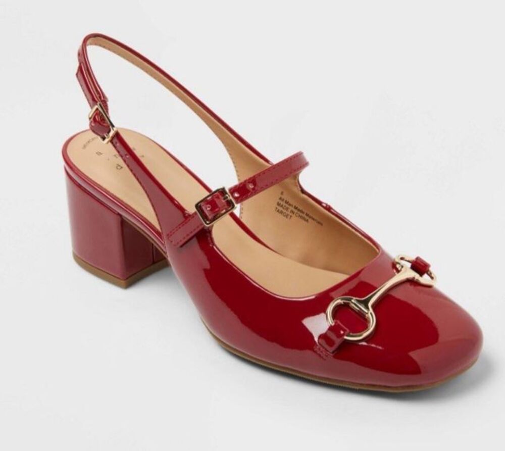 Women's Lucky Square Toe Mary Jane Red Heels with Memory Foam Insole Size 10